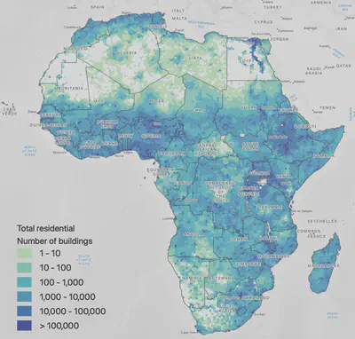 A map of the African content where the number of estimated residential buildings is visualized using a uniform hexagonal grid of 0.5 decimal degrees