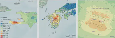 Median peak ground acceleration (PGA) for each scenario earthquake, from left to right: 2021 MW7.2 Nippes inHaiti, 2016 MW7.0 Kumamoto in Japan, and 2015 MW7.8 Gorkha in Nepal. Available recording station PGA values are shownas triangles, which were used to condition the simulated ground motion fields.