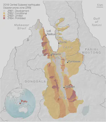 A map of the Pasigala region in Indonesia with the disaster-prone zones plotted in warm colors.